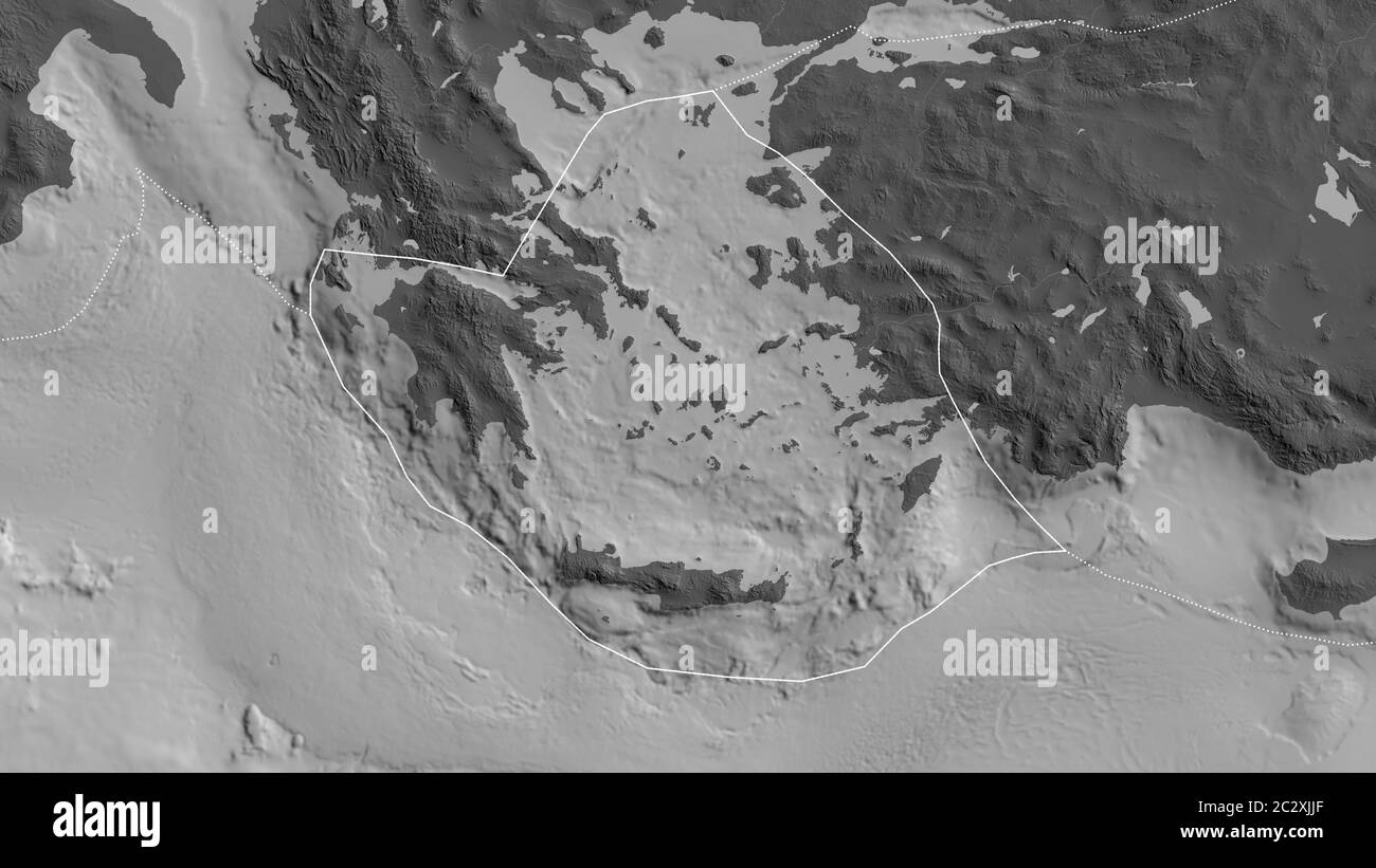 Contorno della piastra tettonica del Mar Egeo con i bordi delle piastre circostanti sullo sfondo di una mappa bilivello. Rendering 3D Foto Stock
