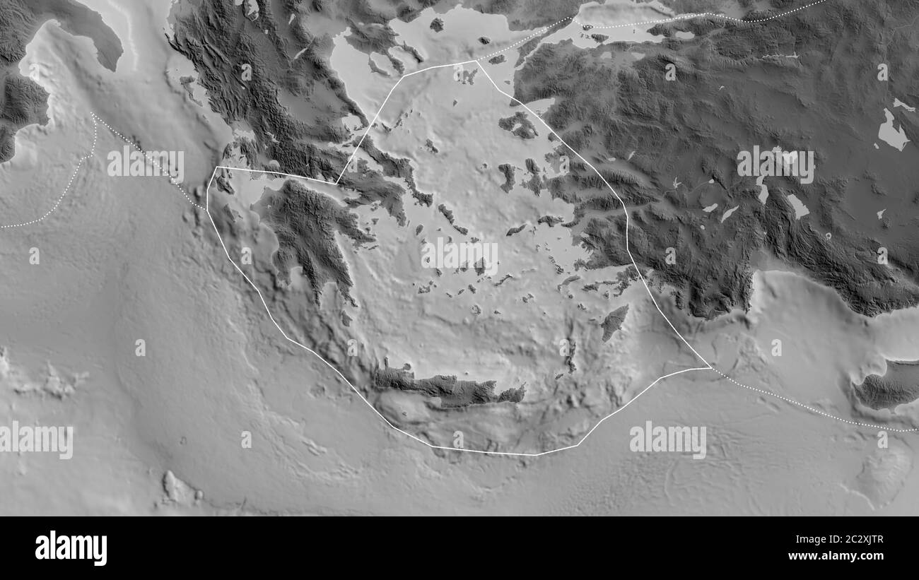 Contorno della piastra tettonica del Mar Egeo con i bordi delle piastre circostanti sullo sfondo di una mappa in scala di grigi. Rendering 3D Foto Stock