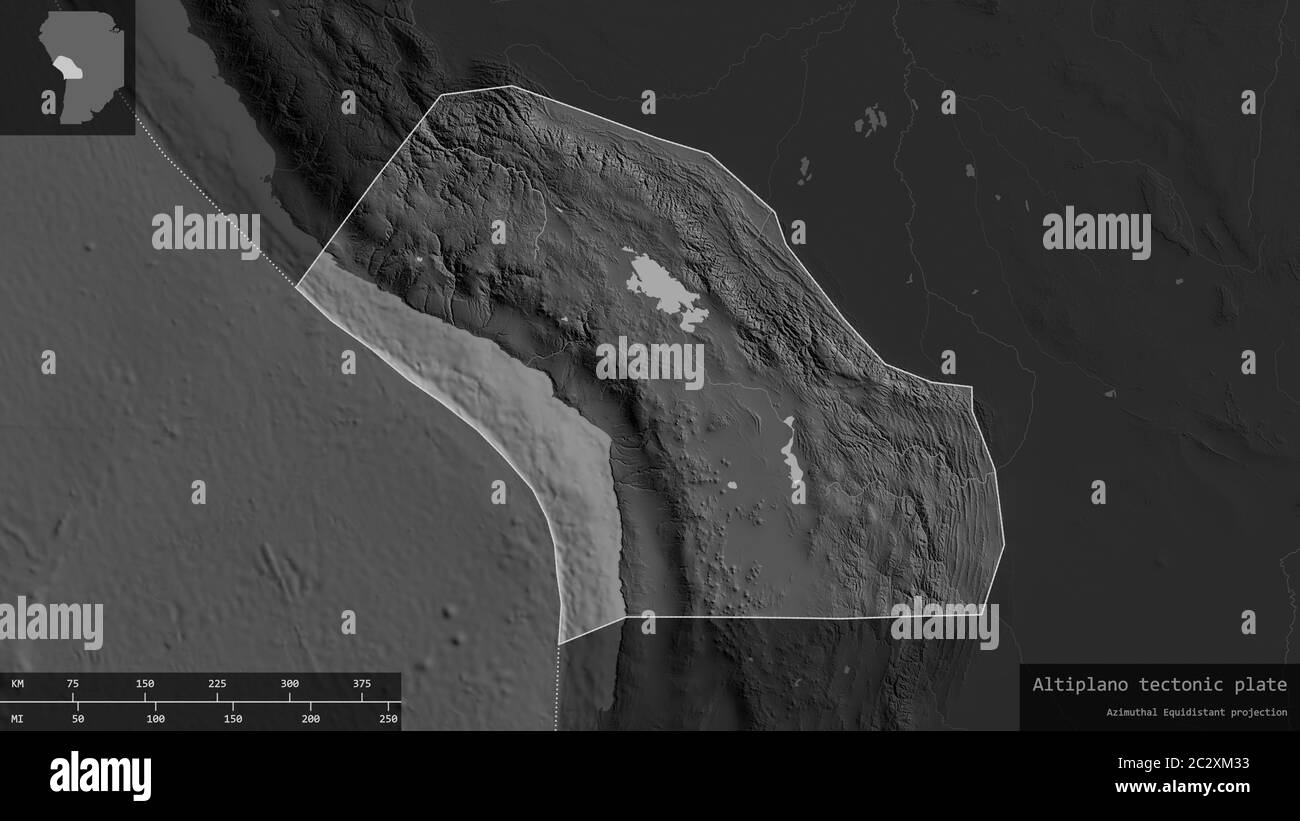 Forma della piastra Altiplano delineata su uno sfondo oscurato e desaturato della mappa bilivello con sovrapposizioni informative. Rendering 3D Foto Stock