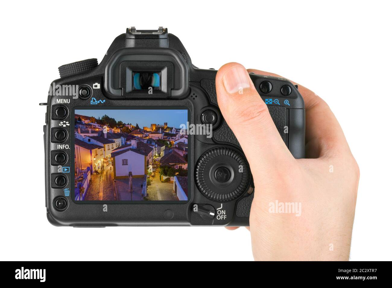 Mano con fotocamera e Città Obidos - Portogallo (la mia foto) Foto Stock