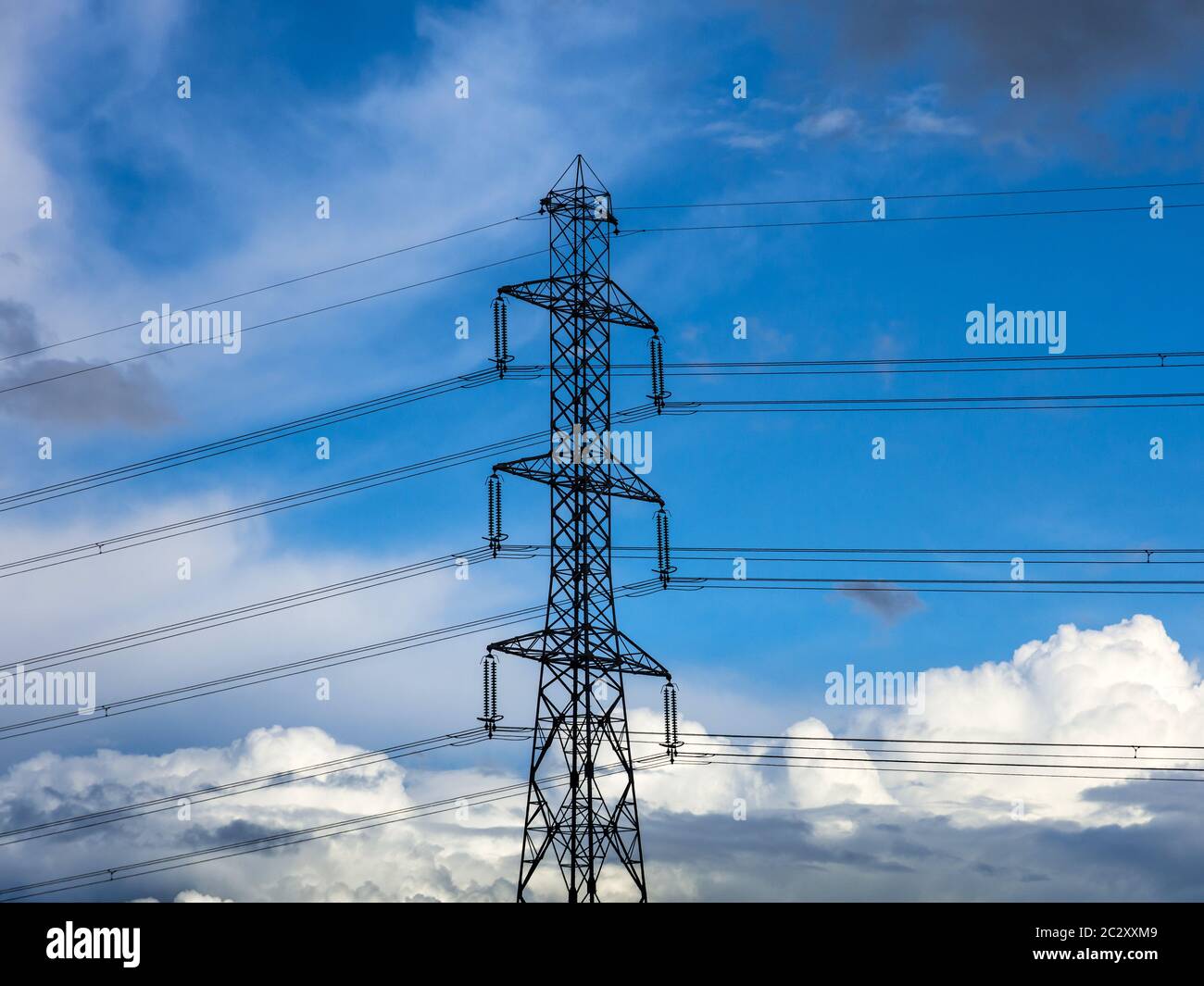 Pilone elettrico alto con linee elettriche ad alta tensione. Foto Stock