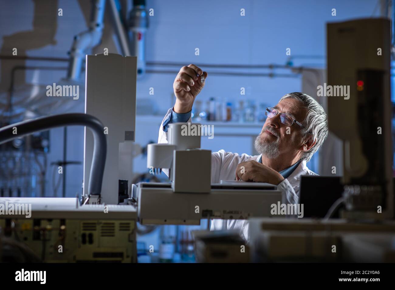 Senior Scientist in un laboratorio di chimica effettuando ricerche - guardando la gas cromatografia campioni, preparare l'analisi su un moderno chromatograp gas Foto Stock