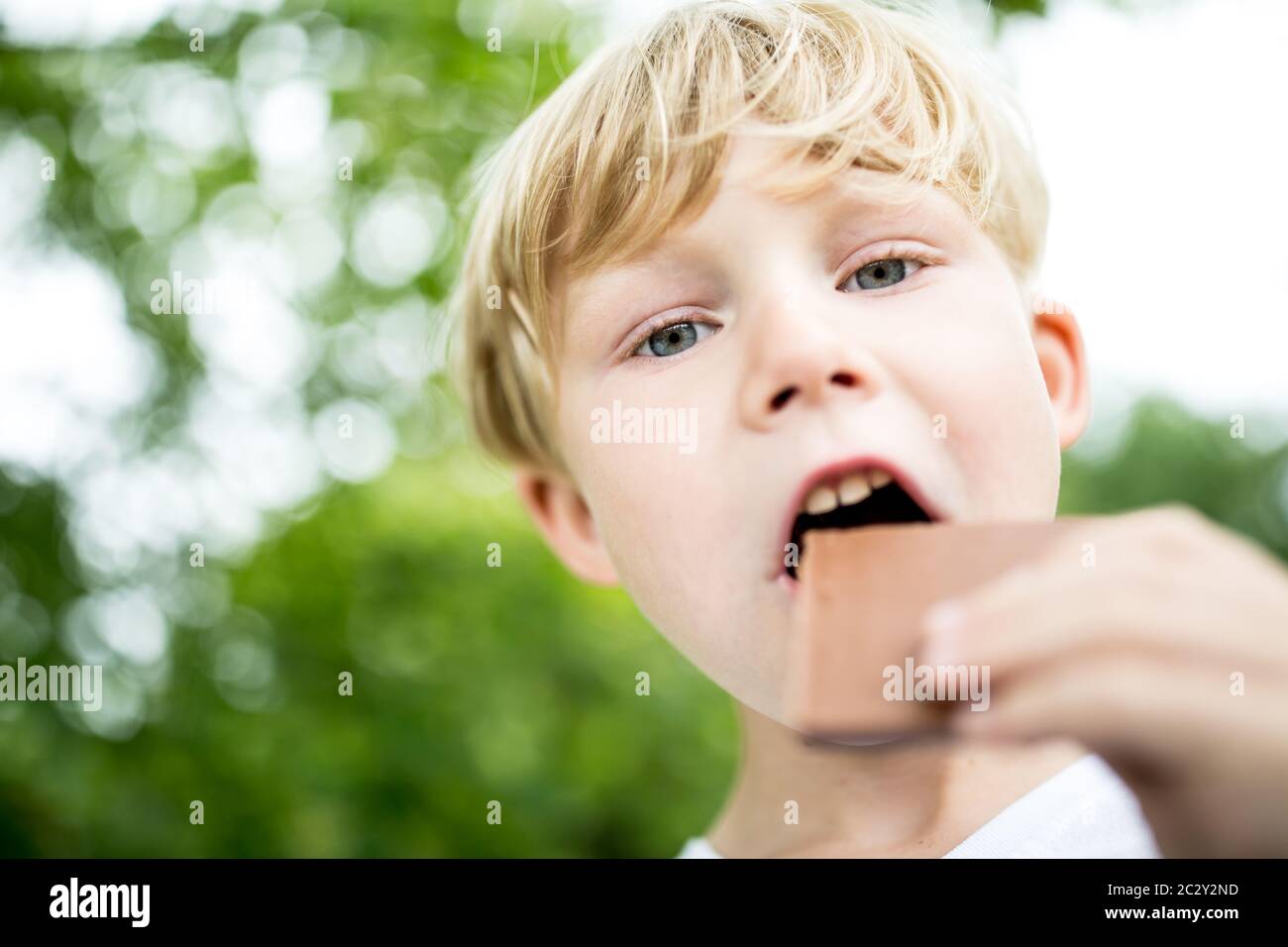 Buon bambino che mangia biscotto con cioccolato in estate Foto Stock