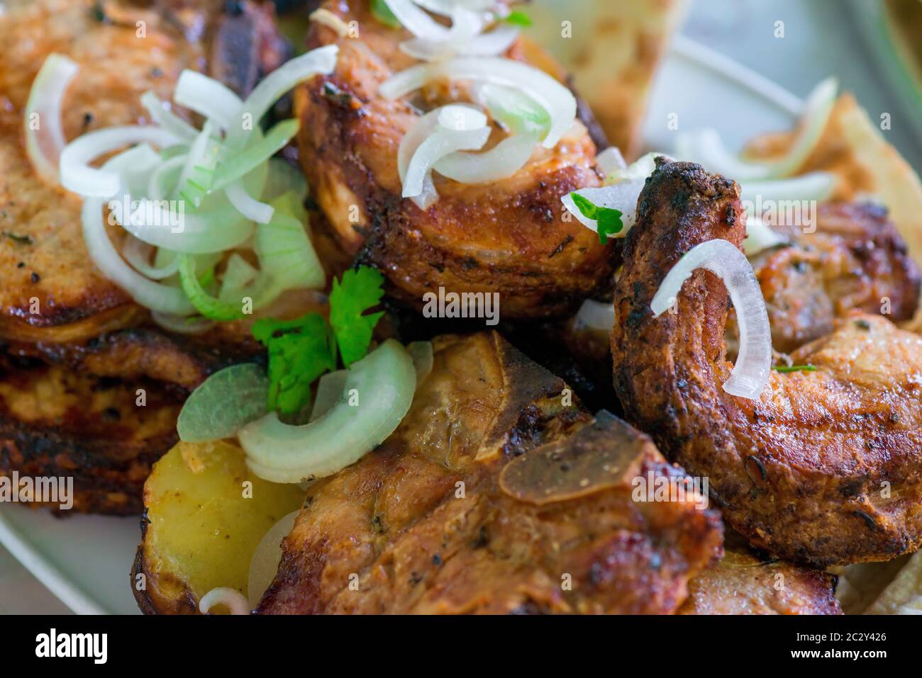 Chiudere kebab di carne di maiale su un piatto con cipolla primo piano Foto Stock