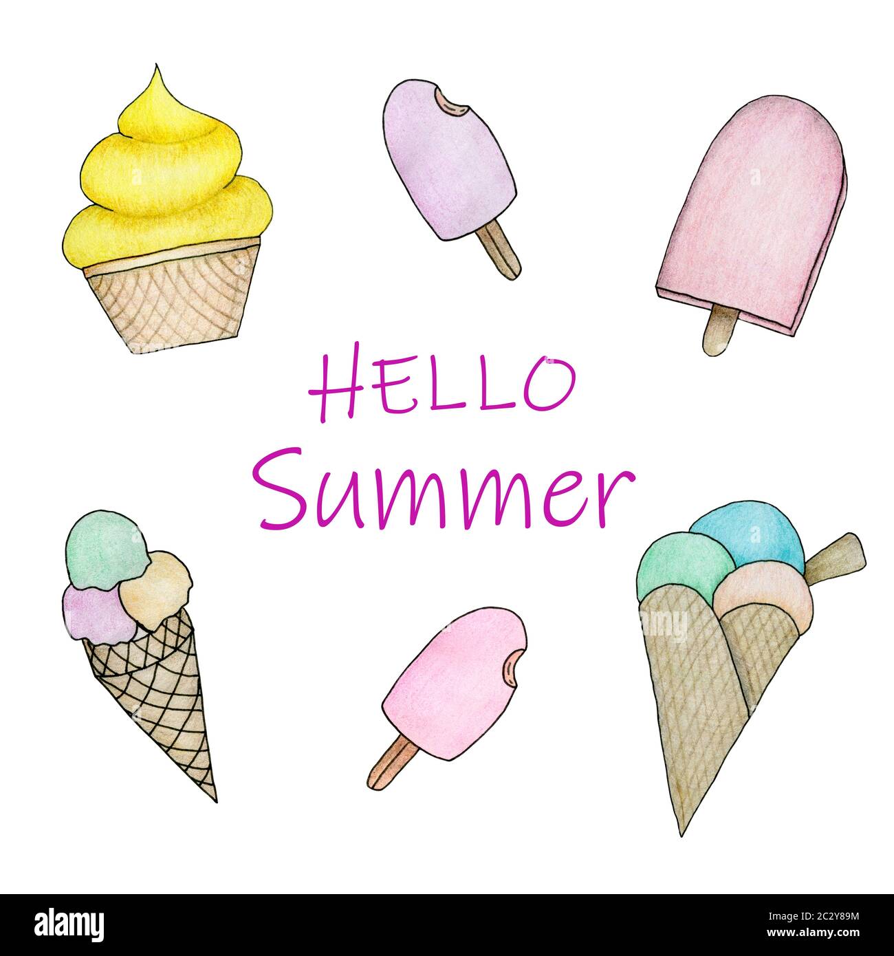 raccolta di gelati, illustrazione estiva con gelato artigianale isolato su bianco Foto Stock