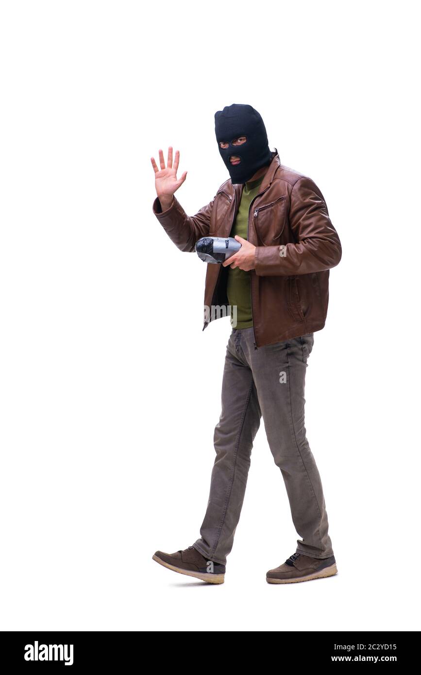 Ladro che indossa balaclava isolato su sfondo bianco Foto Stock