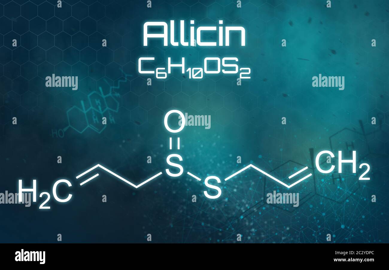 Formula chimica del Allicin su uno sfondo futuristico Foto Stock