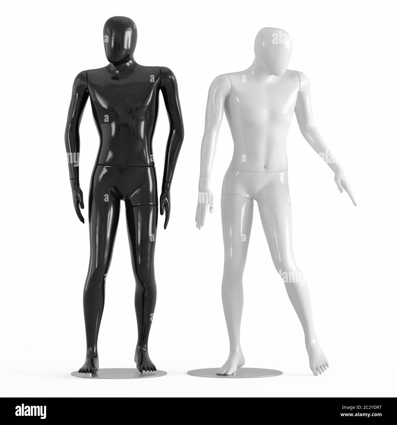 Manichini maschili senza volto in plastica bianca e nera con rendering 3D Foto Stock