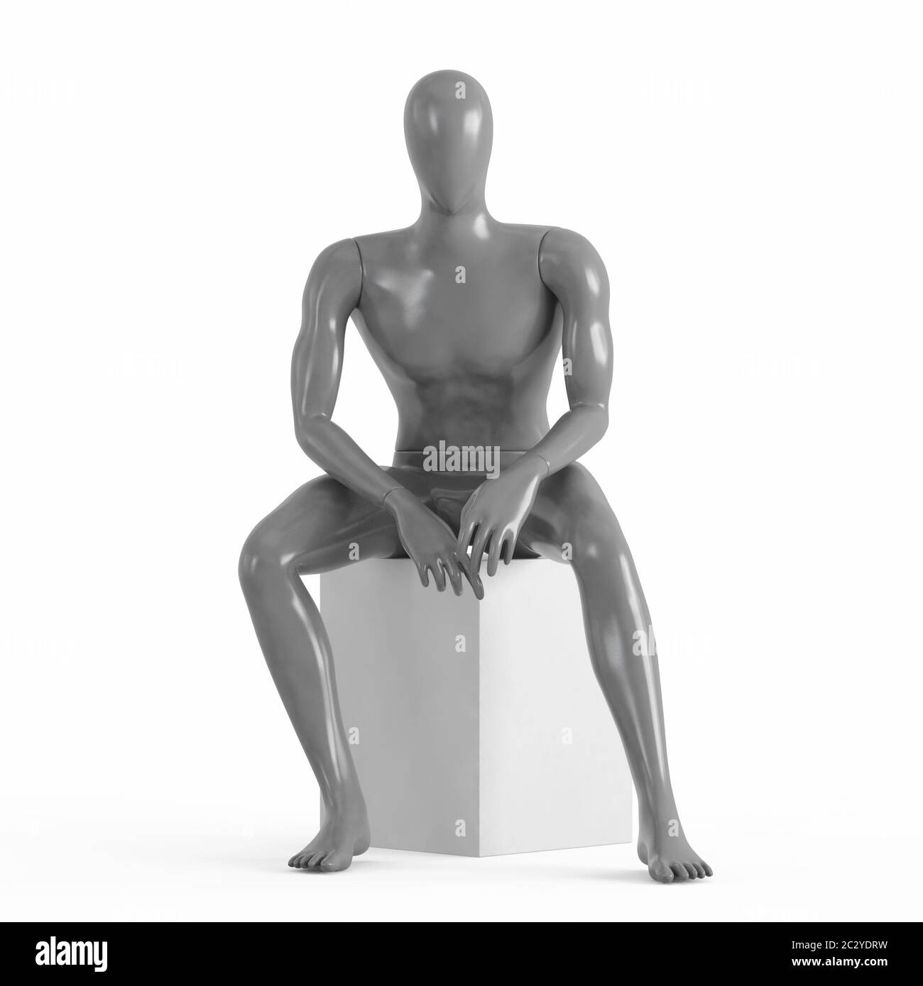 Il manichino grigio si siede in avanti. rendering 3d su sfondo bianco Foto Stock