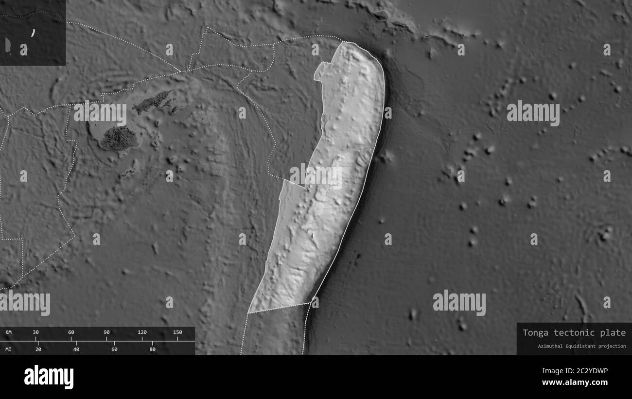 Forma della piastra Tonga delineata su uno sfondo scuro e desaturato della mappa della scala dei grigi con sovrapposizioni informative. Rendering 3D Foto Stock