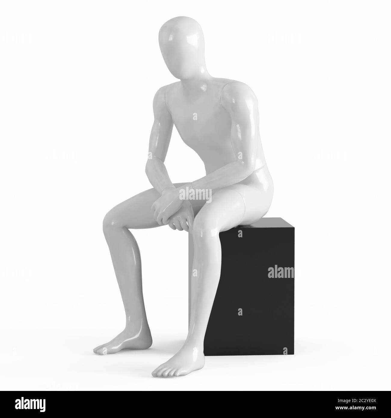 Un manichino bianco senza volto si trova su una scatola nera. Rendering 3D in plastica bianca e nera Foto Stock