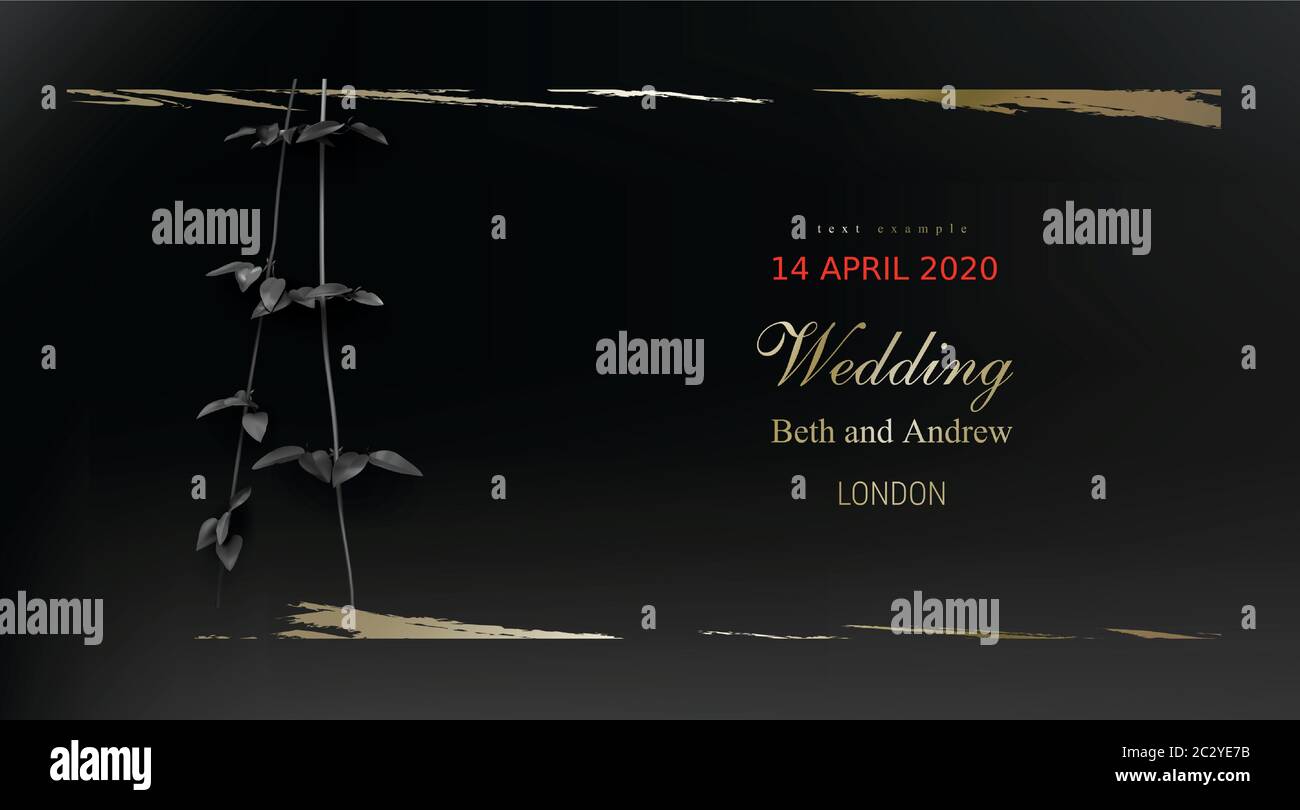 Foglie nere tropicali su sfondo scuro vettore. Disegno orizzontale esotico botanico con gambo di pianta del superriduttore della giungla tropicale dorato e macchia di vernice di oro. Illustrazione Vettoriale