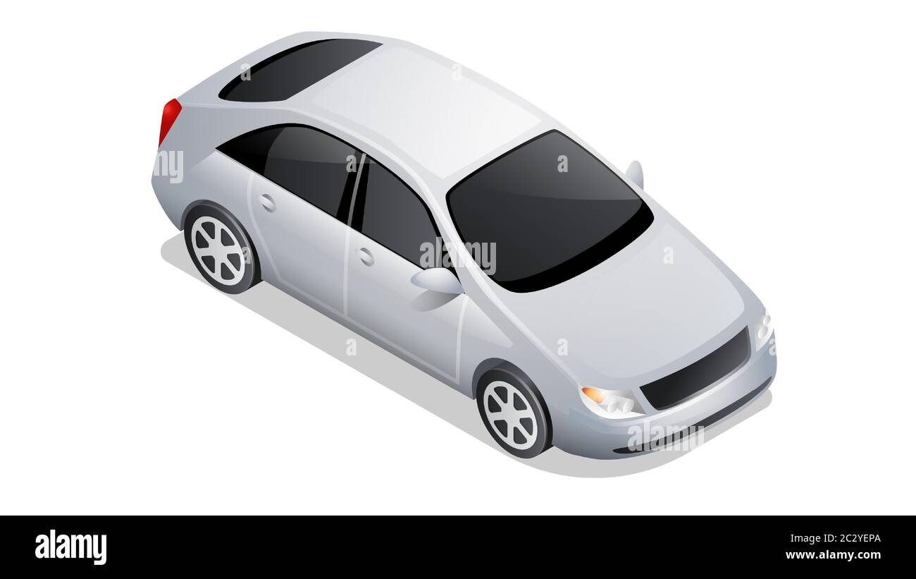 Icona isometrica dell'auto isolata su sfondo bianco. Veicoli per il trasporto di passeggeri, berlina bianca con vetro colorato nero, auto privata con ombra A. Illustrazione Vettoriale