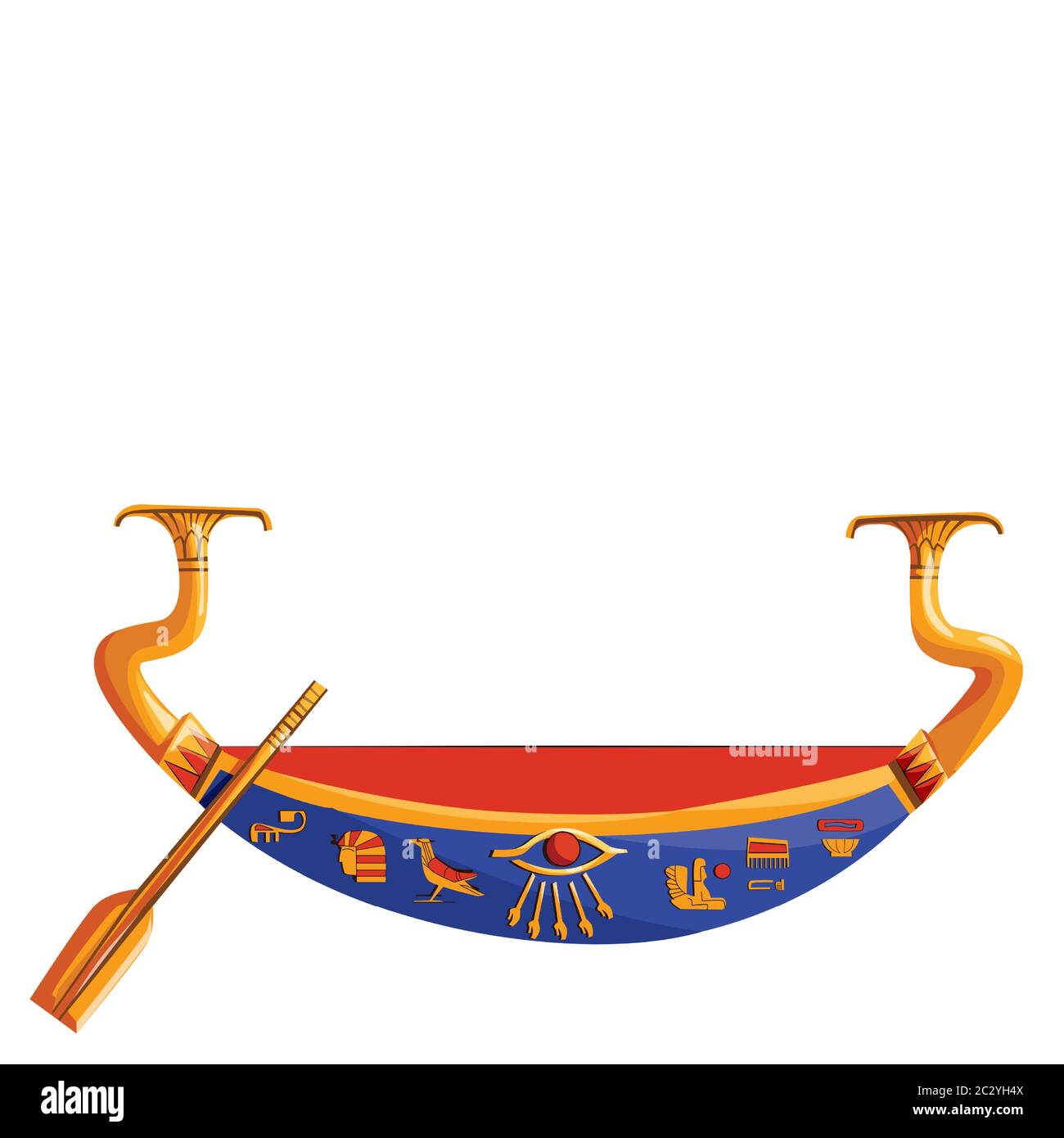 Antico Egitto barca di legno con pagaia per il sole dio viaggio cartoon illustrazione vettoriale. Simbolo religioso della cultura egiziana, barbecue decorato con ruggito per un Illustrazione Vettoriale