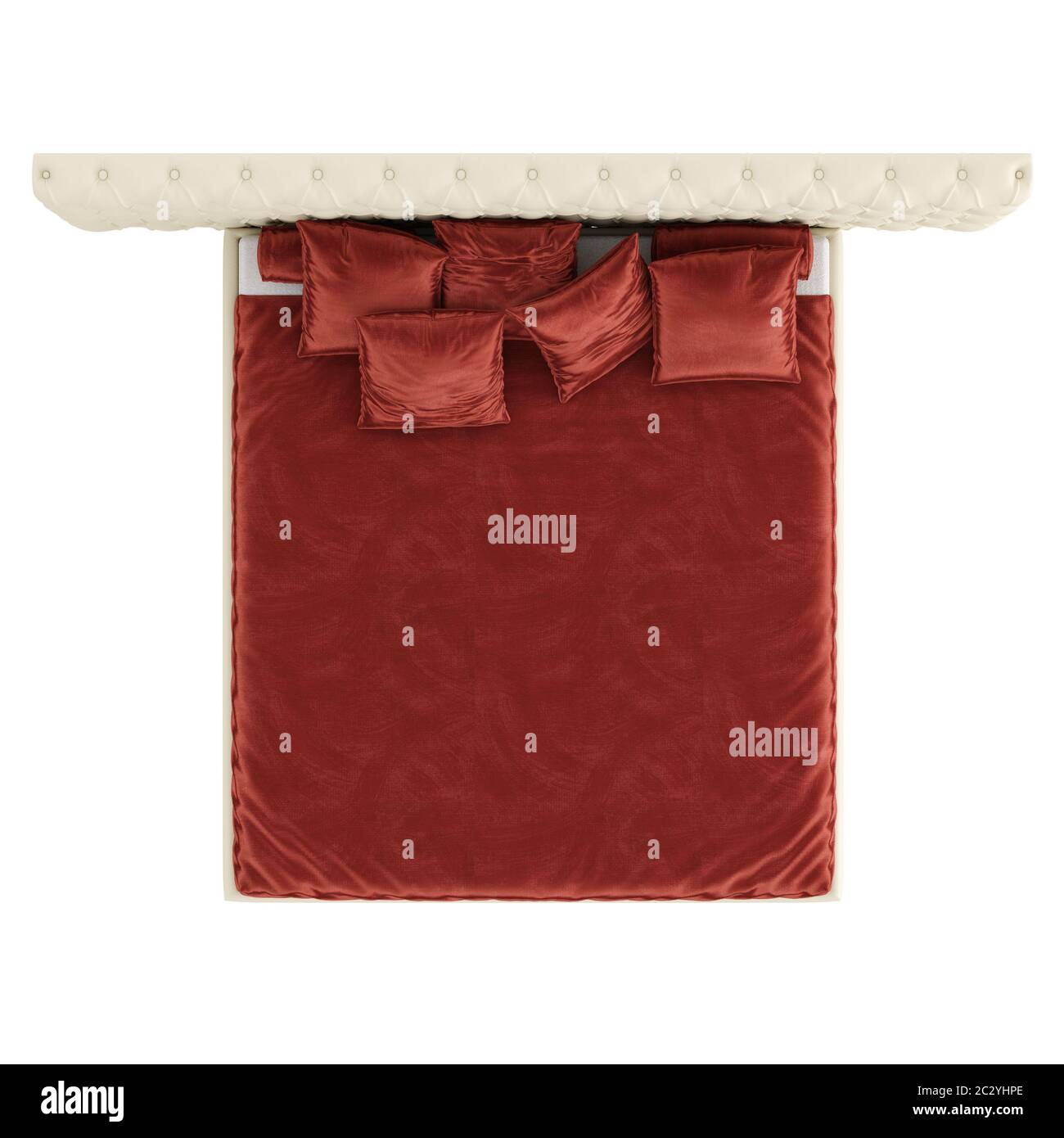 Letto con coperta rossa e cuscini su sfondo isolato. rendering 3d Foto Stock