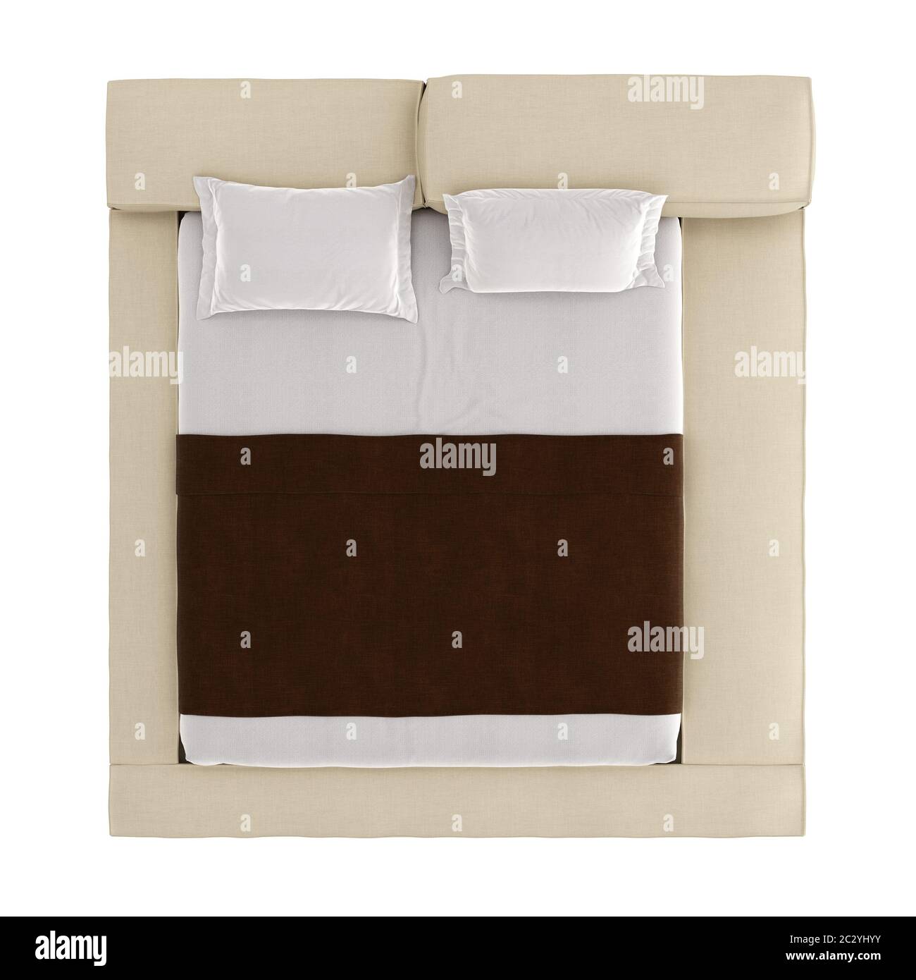 Letto con una coperta e cuscini su uno sfondo isolato. rendering 3d Foto Stock