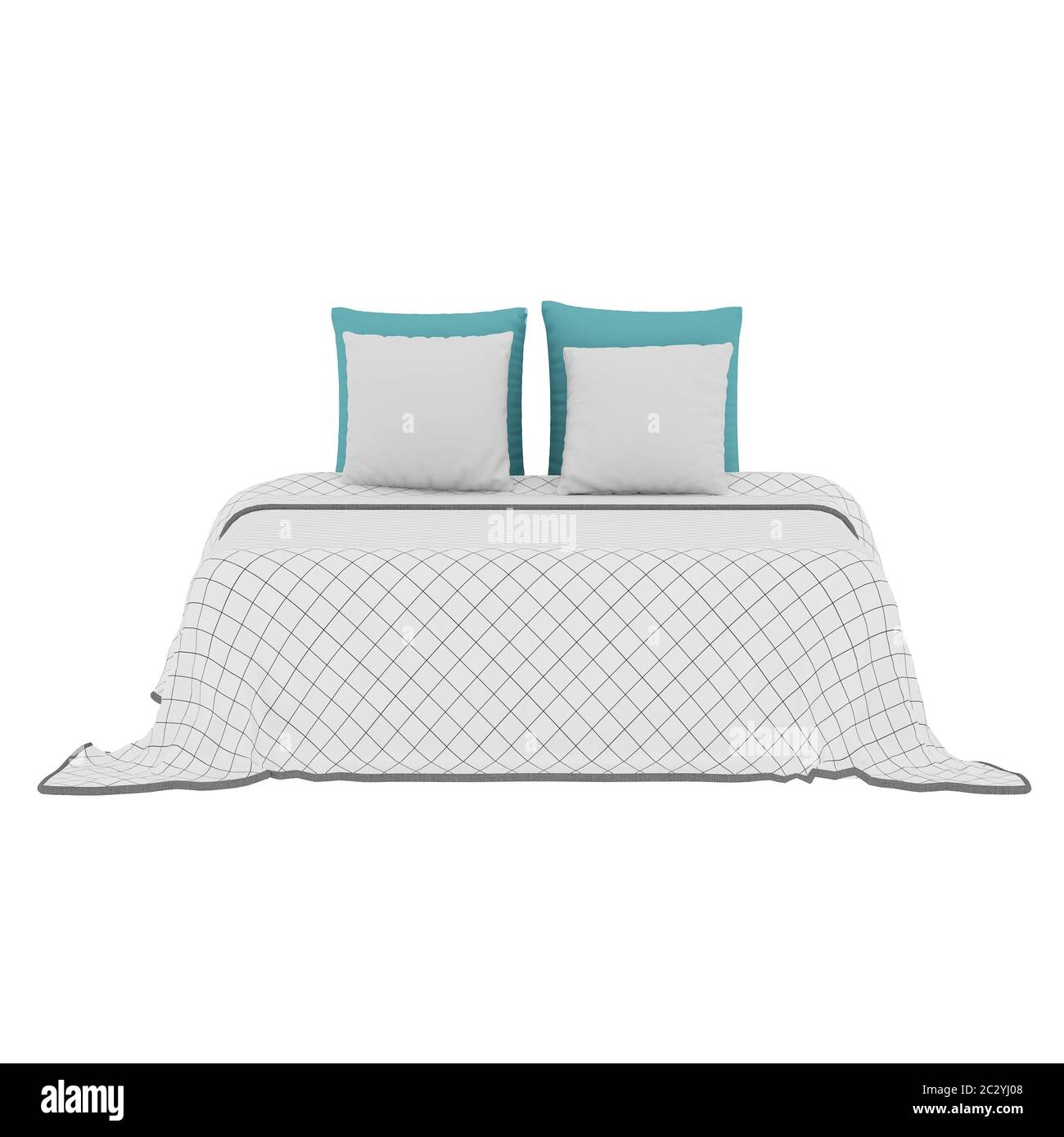Letto con cuscini e velo bianco su sfondo isolato. rendering 3d Foto Stock