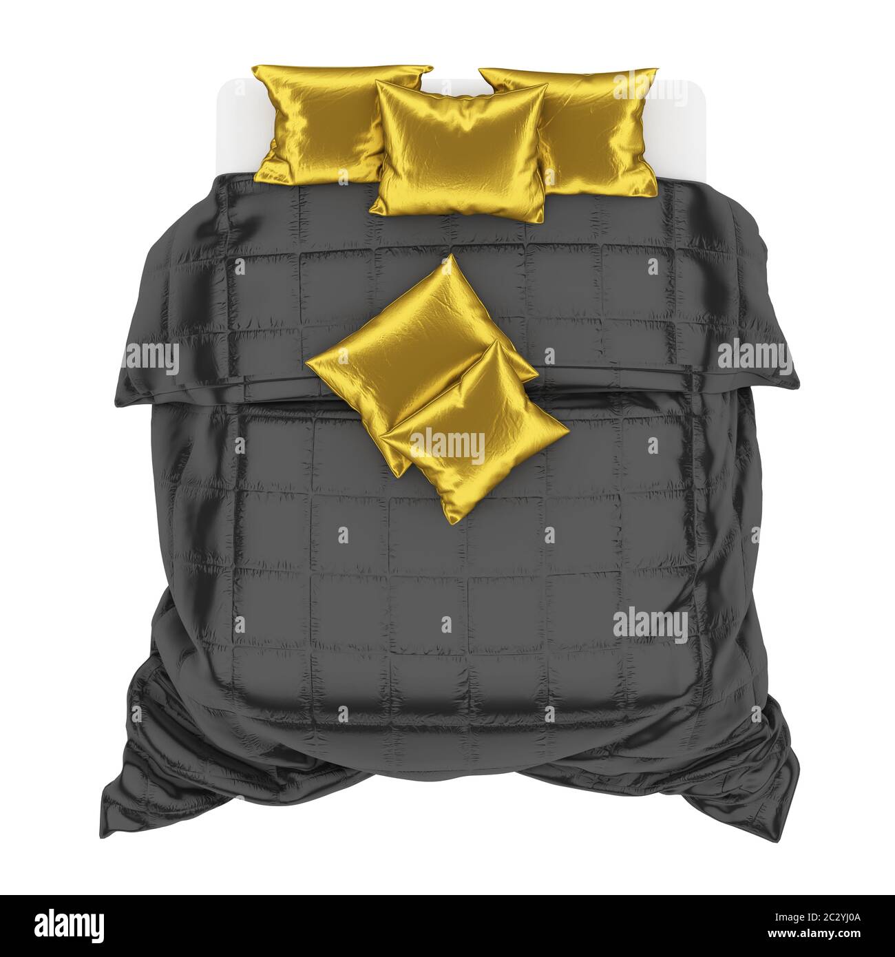 Letto con lenzuola bianche, coperta nera e cuscini dorati su uno sfondo bianco vista dall'alto. rendering 3d Foto Stock