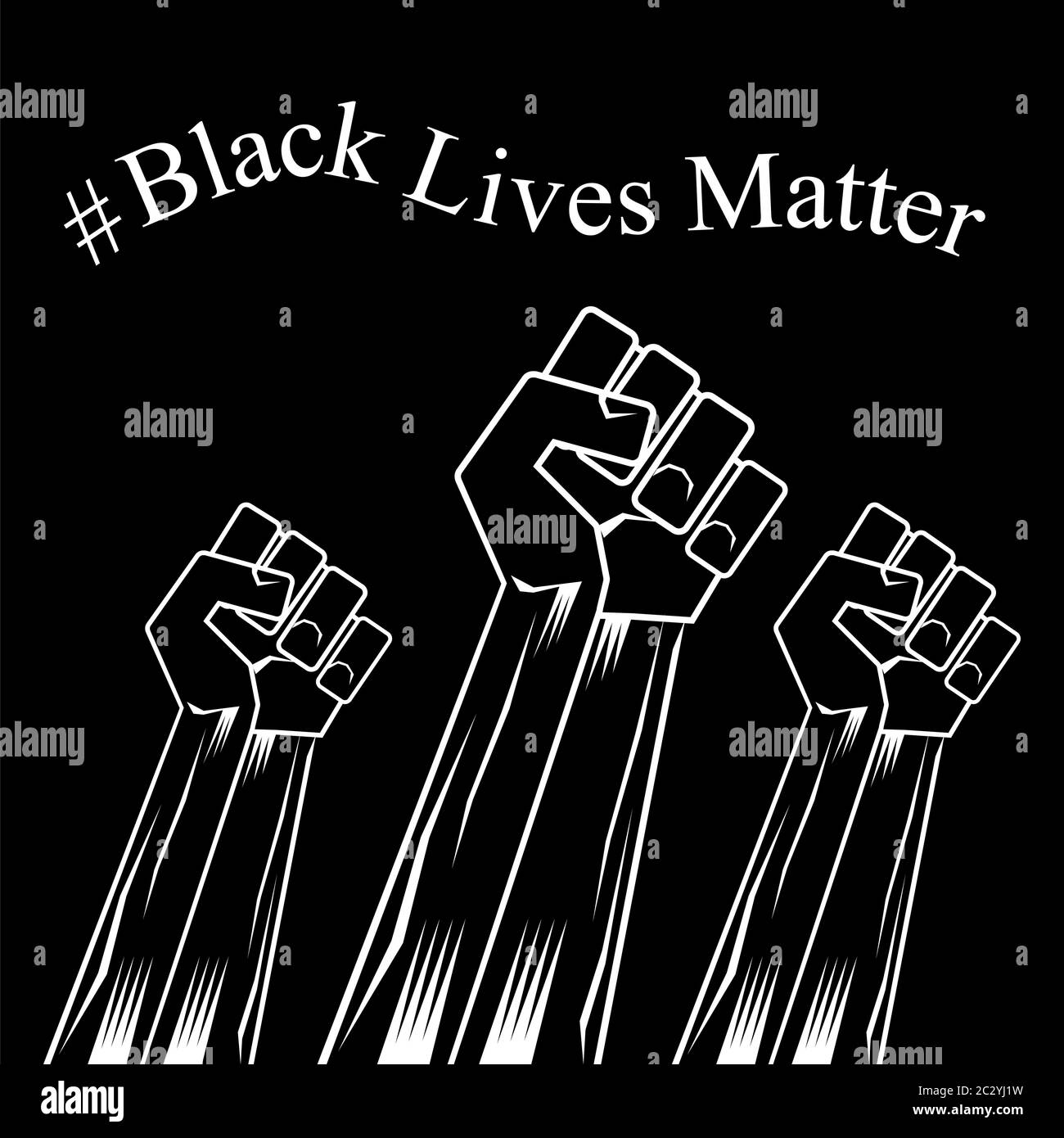 Il primo si è alzato. Black Lives Matter Banner per protesta su sfondo scuro. Mano umana. Fermare la violenza ai popoli neri Foto Stock