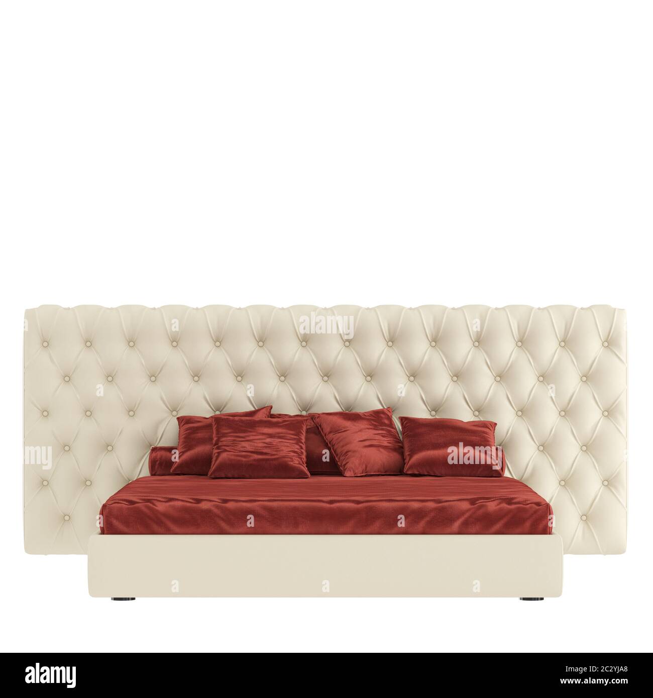 Letto con coperta rossa e cuscini su sfondo isolato. rendering 3d Foto Stock