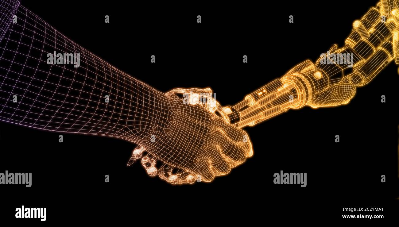 Partnership tecnologica con la stretta di mano tra robot e umani Foto Stock