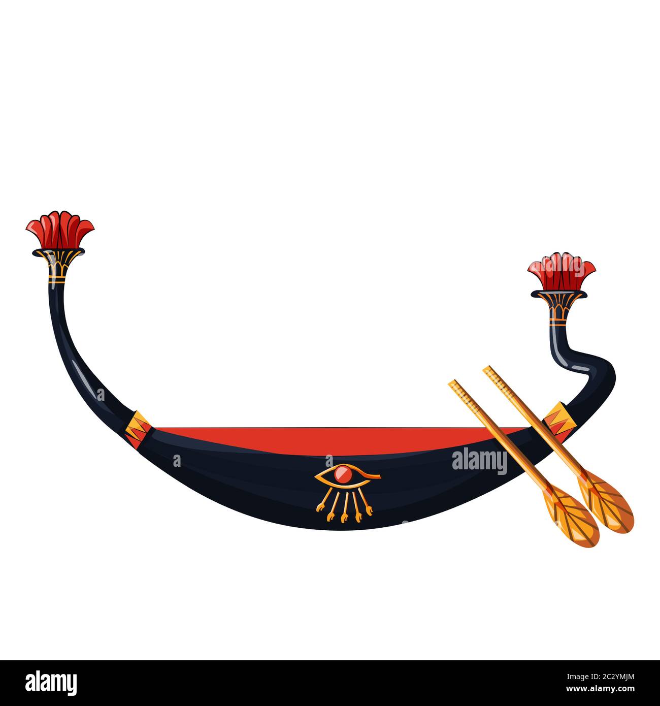 Antico Egitto barca di legno con pagaia per il sole dio viaggio cartoon illustrazione vettoriale. Simbolo religioso della cultura egiziana, barbecue decorato con ruggito per un Illustrazione Vettoriale