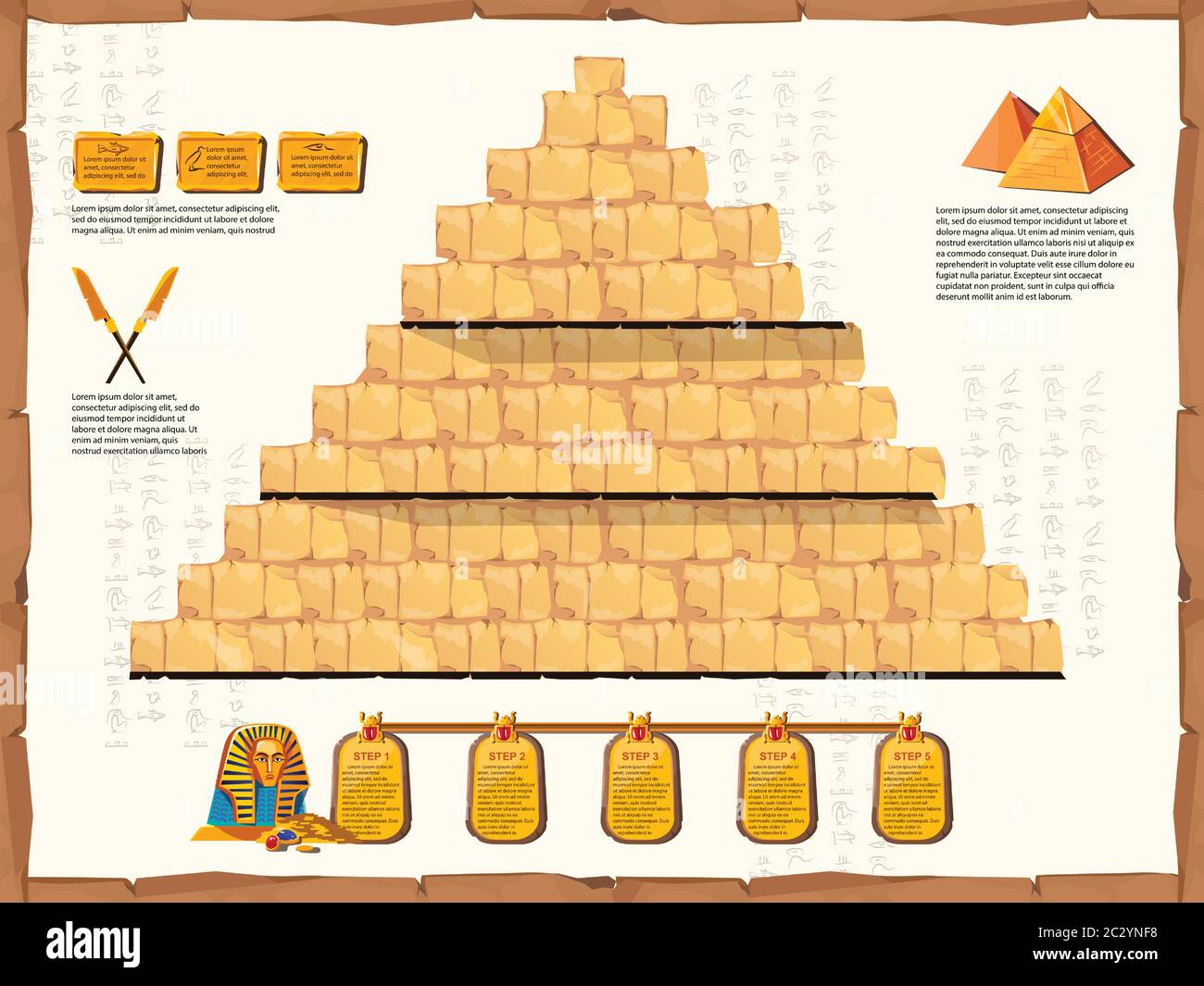 Antica Egitto linea temporale vettore cartoni animati infografiche. Interno piramidale a sezione trasversale con pareti di pietra o blocchi di sabbia. Faraone tomba vuota, graphic noi Illustrazione Vettoriale