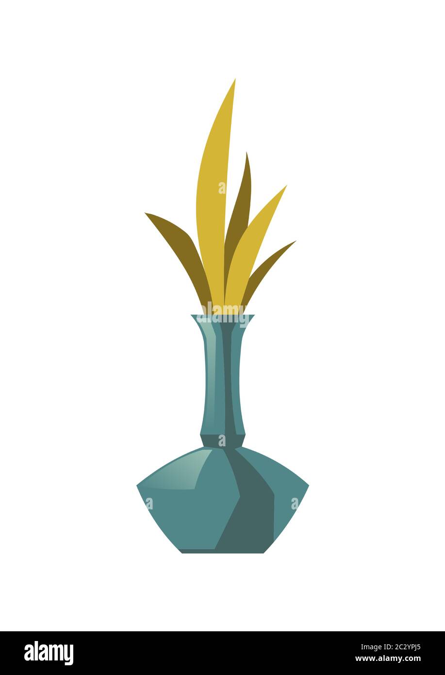Vaso blu con foglie di pianta isolate su sfondo bianco. Icona vettoriale del bouquet primaverile in bottiglia o caraffa decorativa in vetro. Decorazione di fiore verde Illustrazione Vettoriale