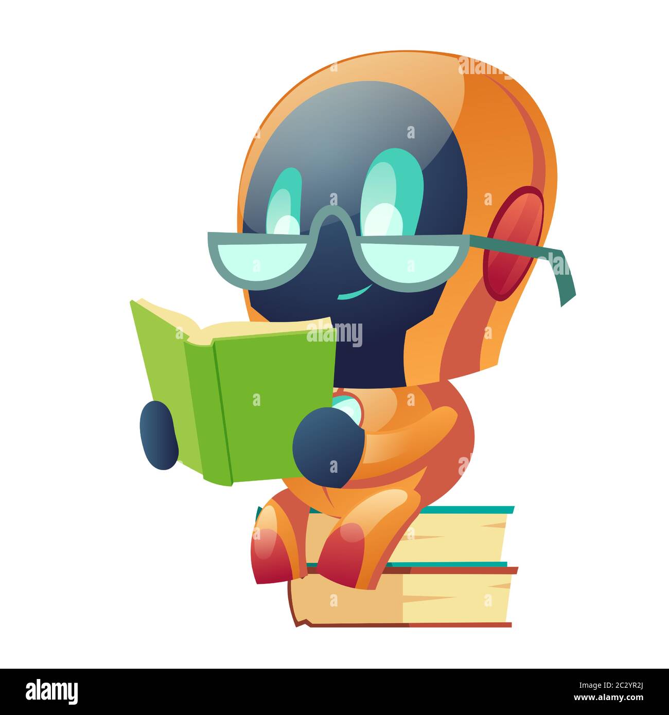 Robot in occhiali leggere libro in biblioteca. Apprendimento automatico, formazione ai chatbot e ricerca informativa, data mining cyborg, intelligenza artificiale Illustrazione Vettoriale