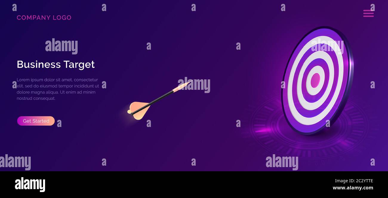 Illustrazione vettoriale del concetto isometrico dell'obiettivo aziendale. Tavola rotonda con freccia volante. Obiettivi simbolici raggiungimento, successo e vittoria dei concorrenti Illustrazione Vettoriale