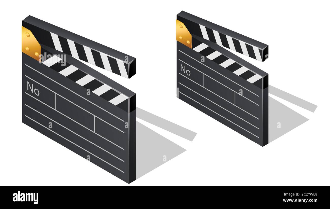 Clapperboard cinematografici icone isometriche con cartoni animati ombra illustrazione vettoriale isolato su sfondo bianco. Elemento dell'industria cinematografica, clapper per sh Illustrazione Vettoriale