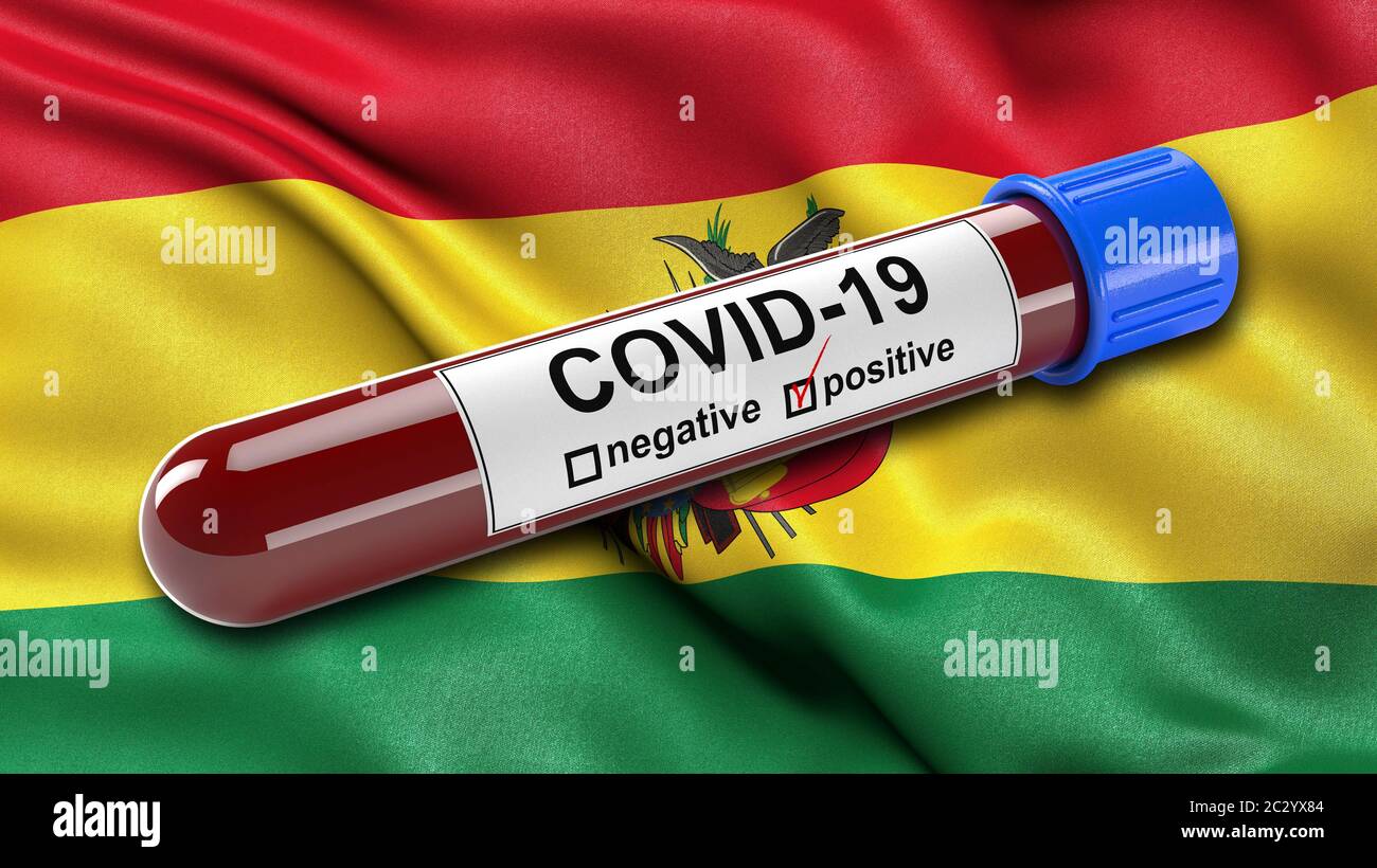 Bandiera della Bolivia che ondeggiava nel vento con una provetta di sangue COVID-19 positiva Foto Stock