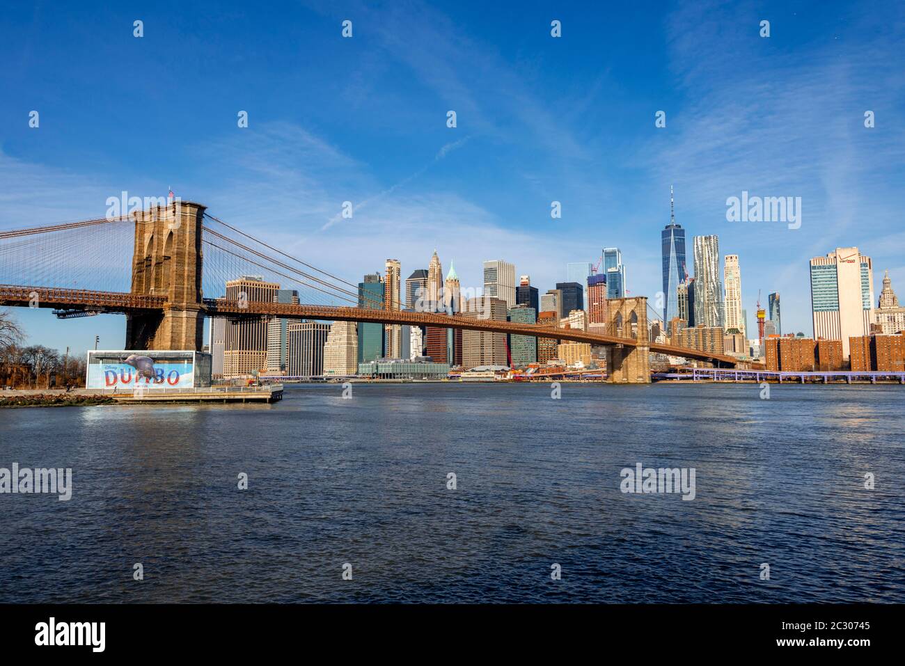 Vista da Main Street Park sul fiume East fino allo skyline di Lower Manhattan con il ponte di Brooklyn, Dumbo, il centro di Brooklyn, Brooklyn, New York Foto Stock