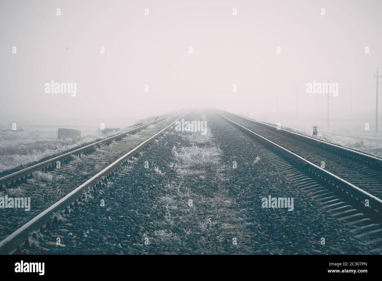 Ferrovia a orizzonte in nebbia. Foto di alta qualità Foto Stock
