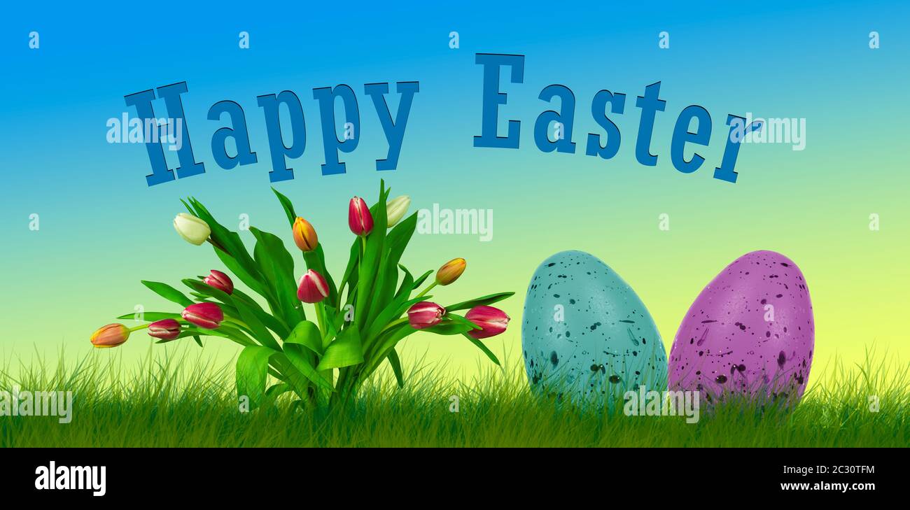 Due uova di pasqua e fiori con le parole Buona Pasqua su uno sfondo astratto Foto Stock