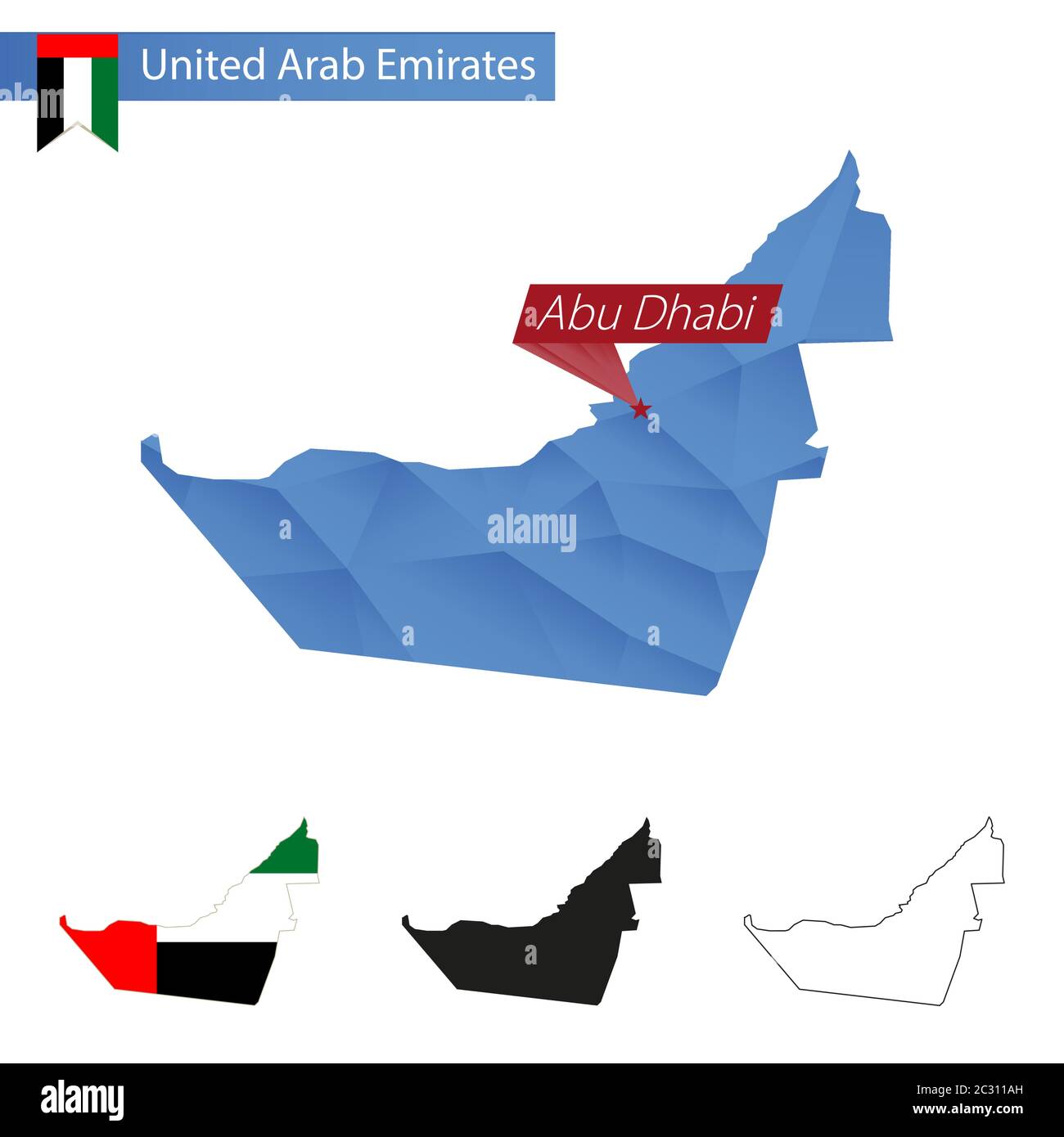 Mappa blu basso Poly degli Emirati Arabi Uniti con capitale Abu Dhabi, versioni con bandiera, nero e contorno. Illustrazione vettoriale. Illustrazione Vettoriale