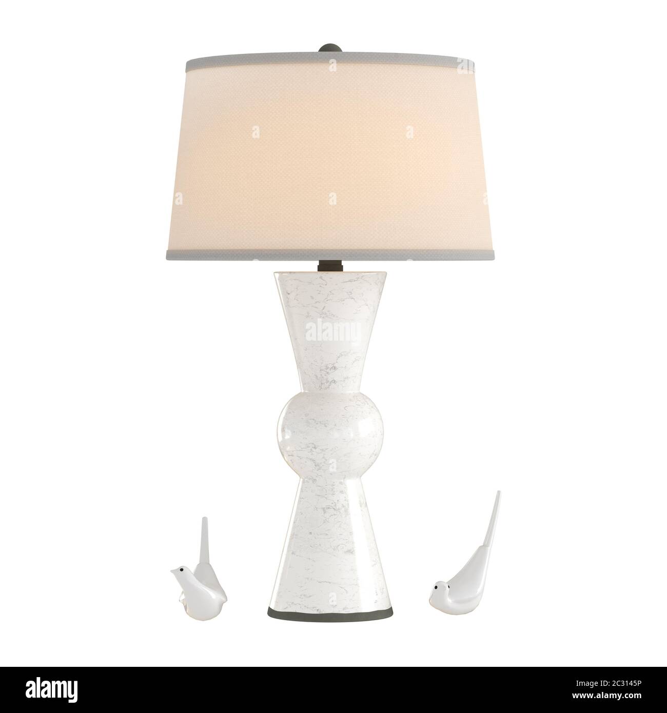 Lampada da tavolo e figurine ornamentali uccelli su sfondo bianco. rendering 3d Foto Stock
