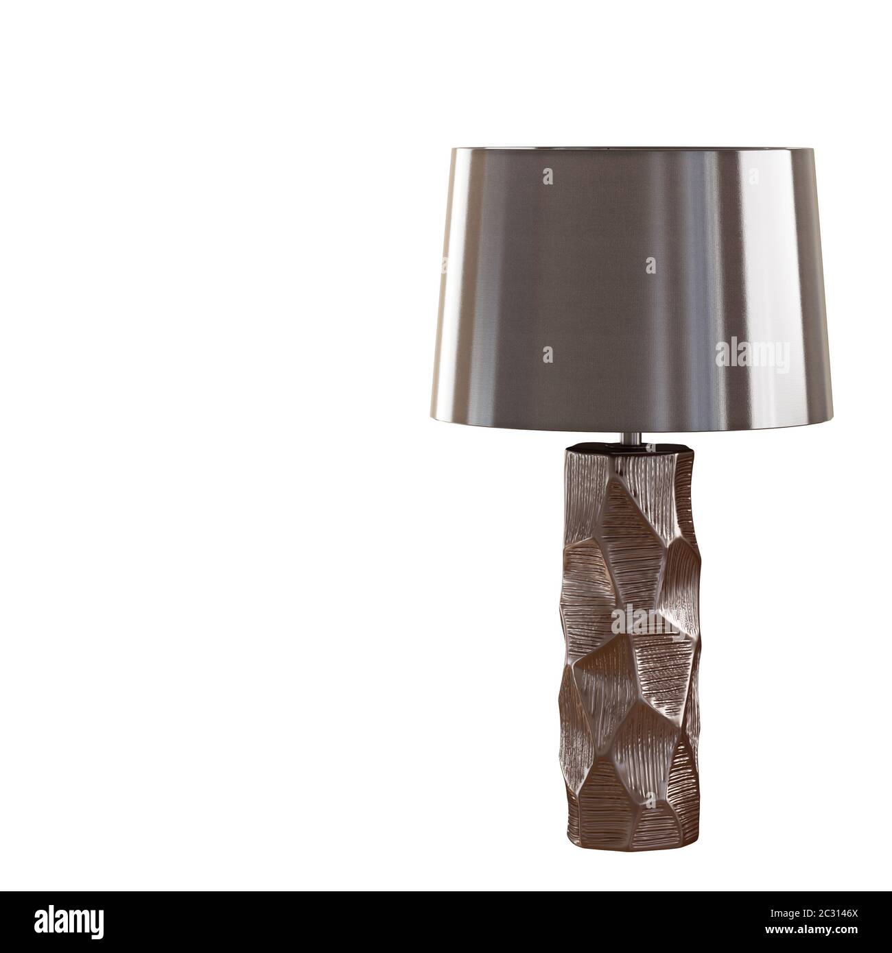 Lampada da tavolo notturna con paralume lucido e base metallica su sfondo bianco. rendering 3d Foto Stock
