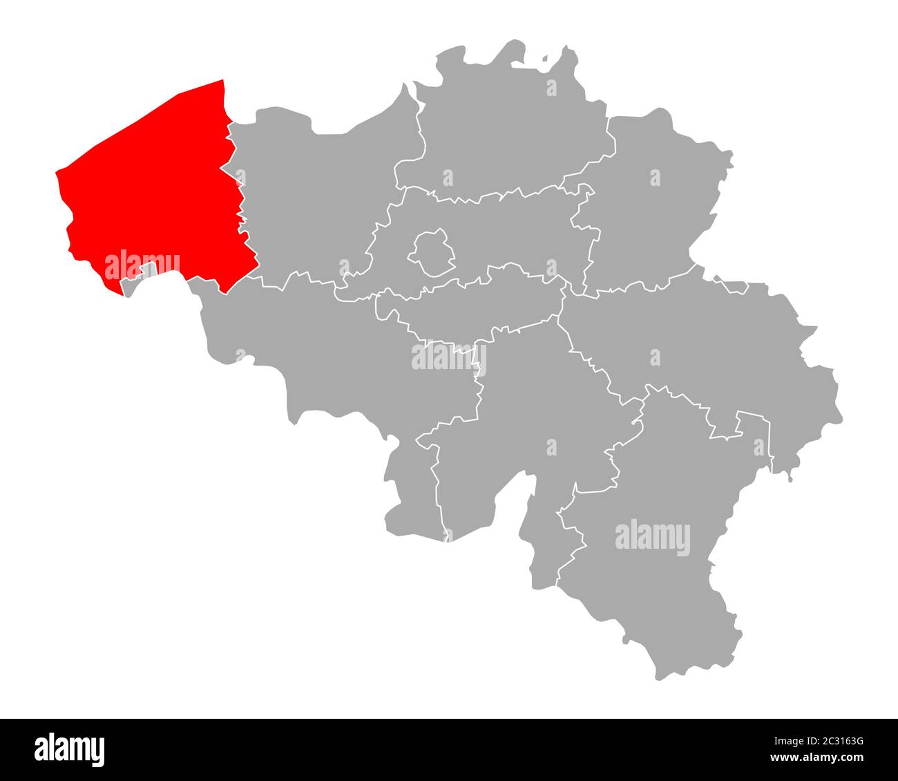 Fiandre Occidentali sulla mappa di Belgio Foto Stock