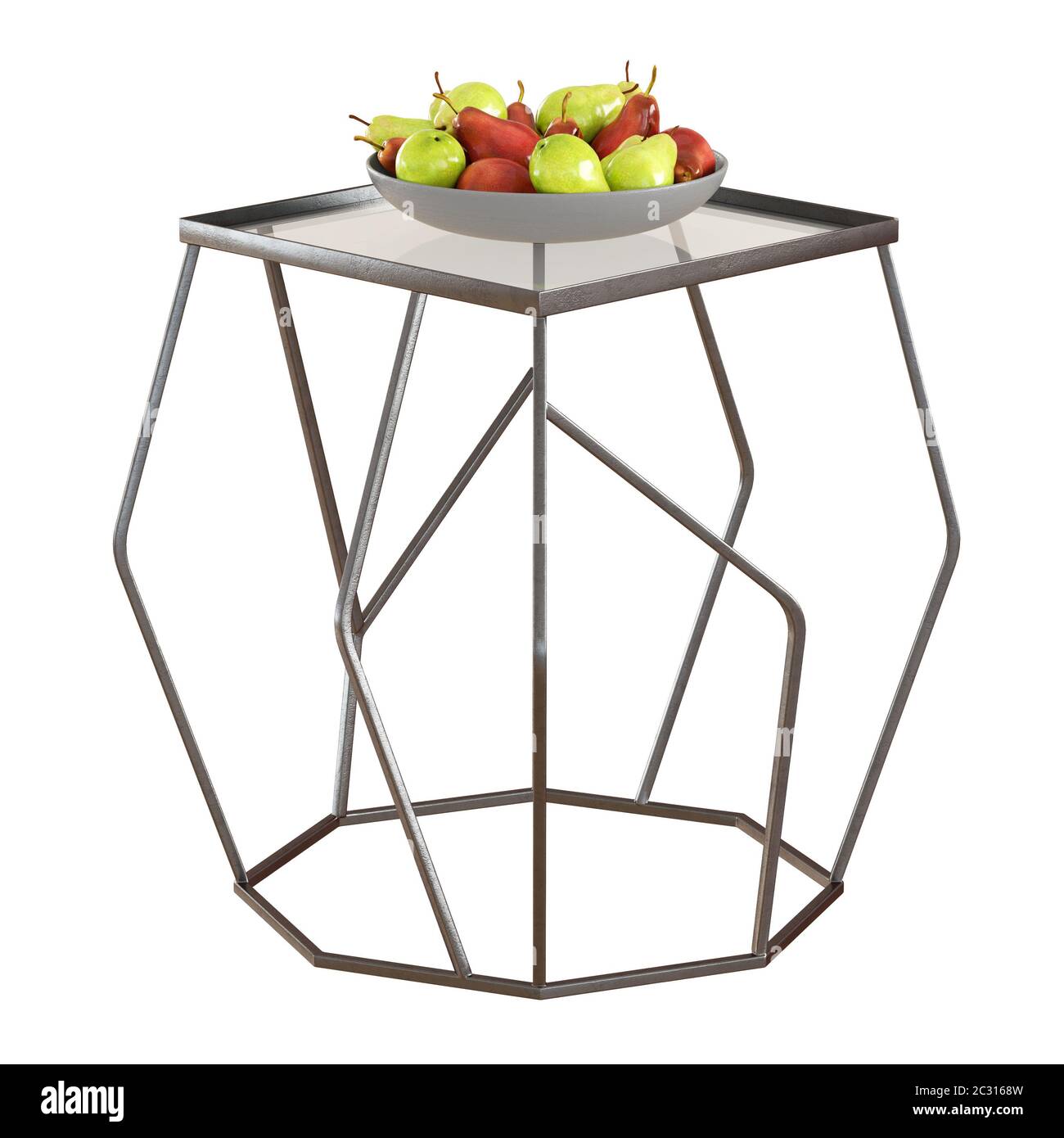 Tavolino marrone con piano di appoggio trasparente e vaso con pere su fondo bianco. rendering 3d Foto Stock