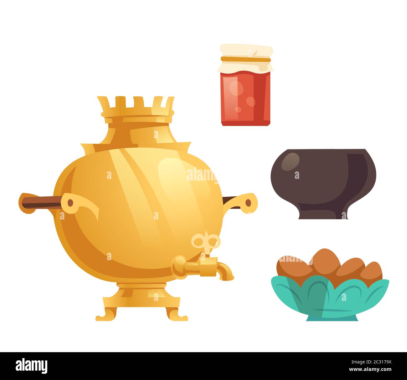 Samovar, marmellata in vaso di vetro, pentola e torte. Vigneto vettoriale tradizionale russo utencil e cibo per il tempo del tè isolato su sfondo bianco. Oro vintage Illustrazione Vettoriale