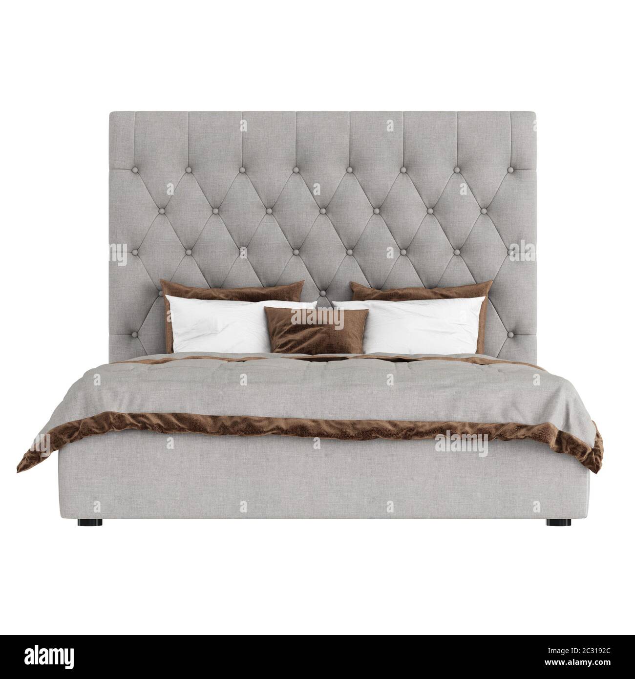 Letto grigio con un'alta testiera trapuntata e biancheria da letto grigio-bianca con finiture marroni su sfondo bianco. rendering 3d Foto Stock
