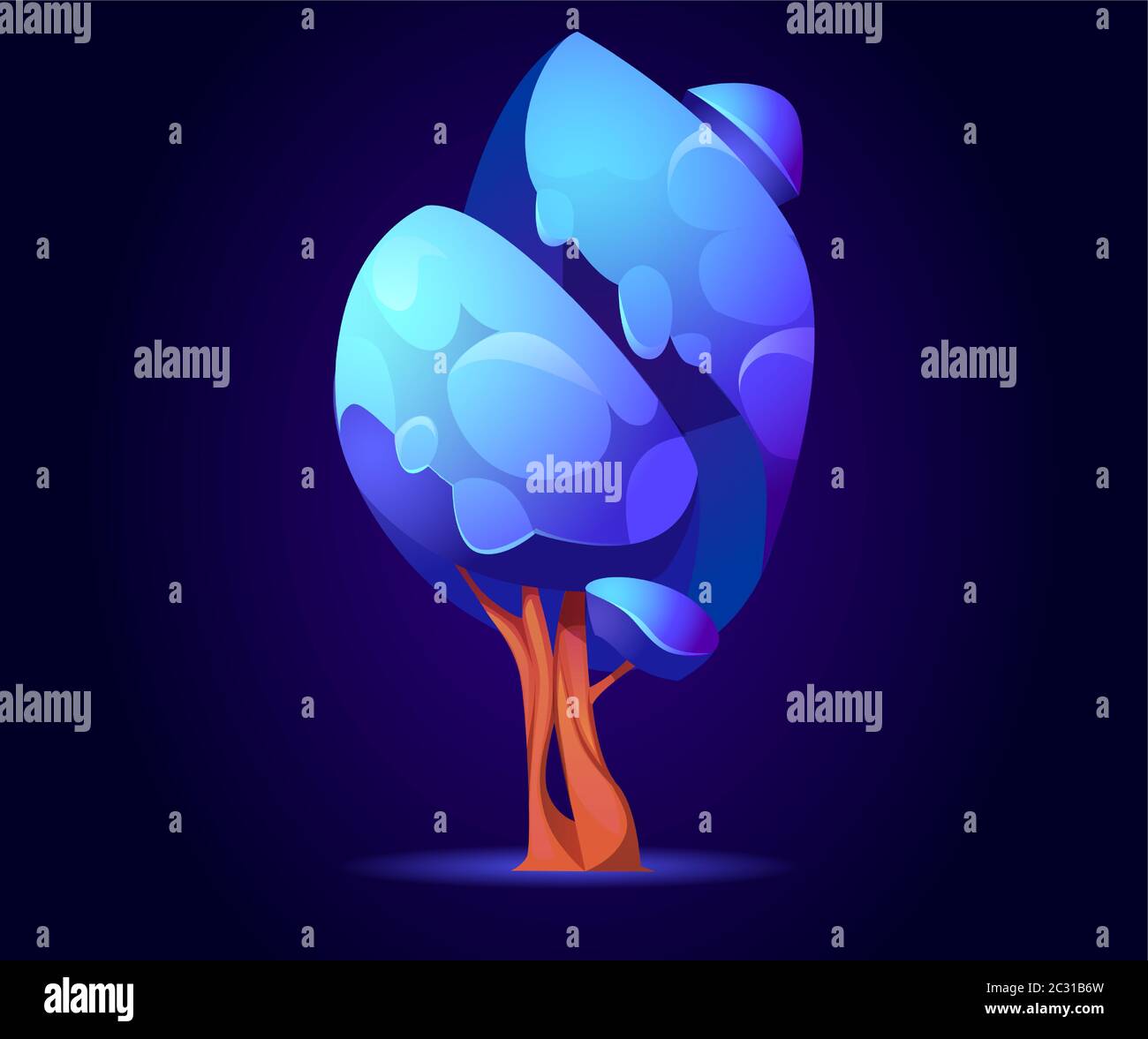 Albero di fantasia, legno alieno o magico insolito con foglie blu incandescenti, elemento di natura per il gioco del computer, libro di fiaba isolato su sfondo scuro. Str Illustrazione Vettoriale