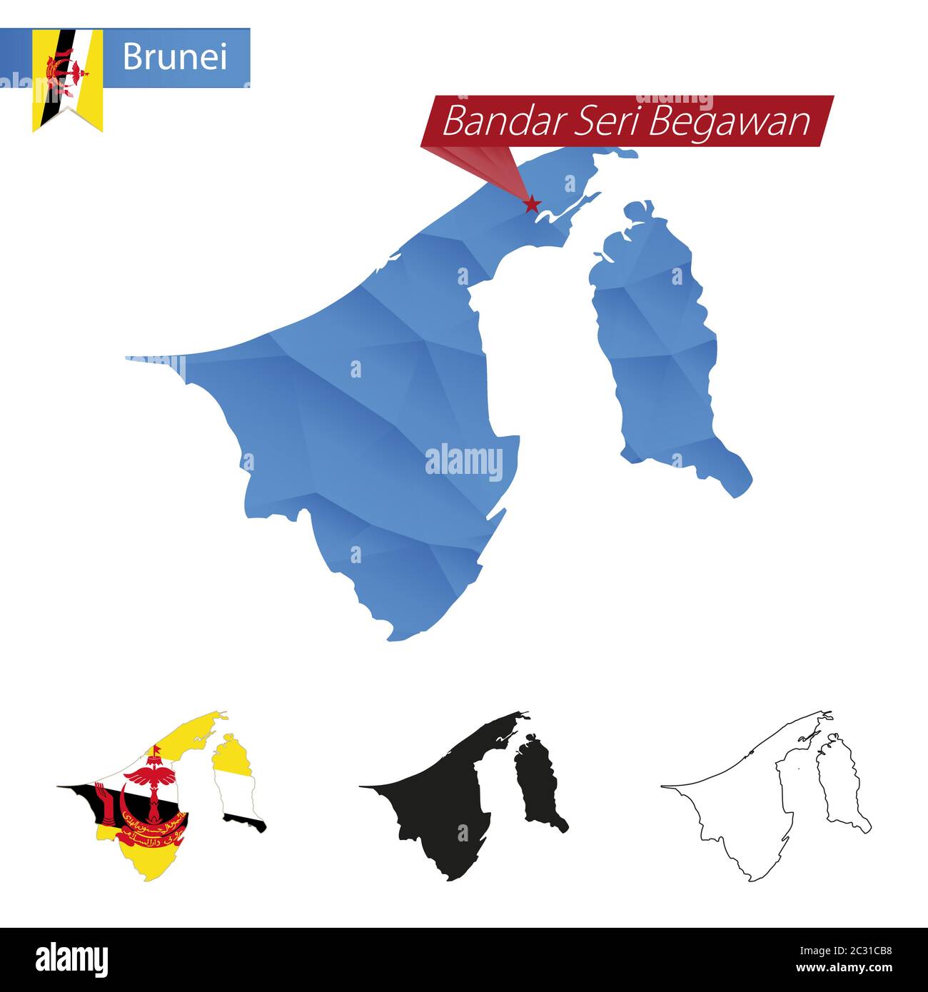 Brunei blu basso Poly mappa con la capitale Bandar seri Begawan, versioni con bandiera, nero e profilo. Illustrazione vettoriale. Illustrazione Vettoriale