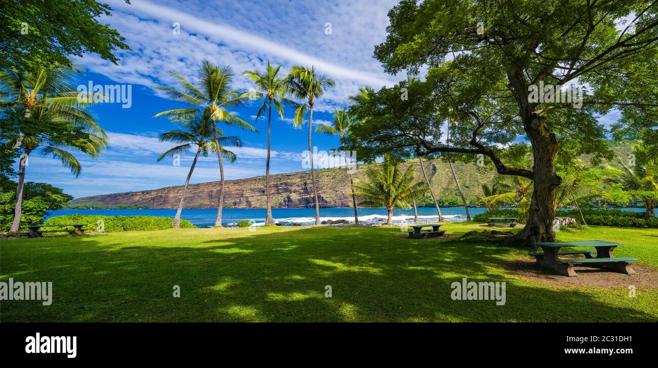 Vista panoramica della spiaggia, Napoopoo, Kona meridionale, Isole Hawaii Foto Stock