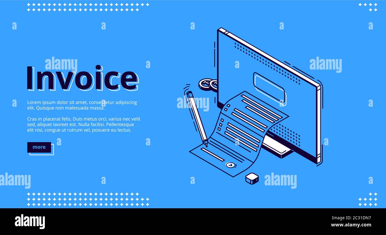 Pagina di destinazione isometrica della fattura. Grande fattura per il pagamento di tasse o servizi che esce dallo schermo del computer desktop. Shopping, banca, contabilità Paycheck, s Illustrazione Vettoriale