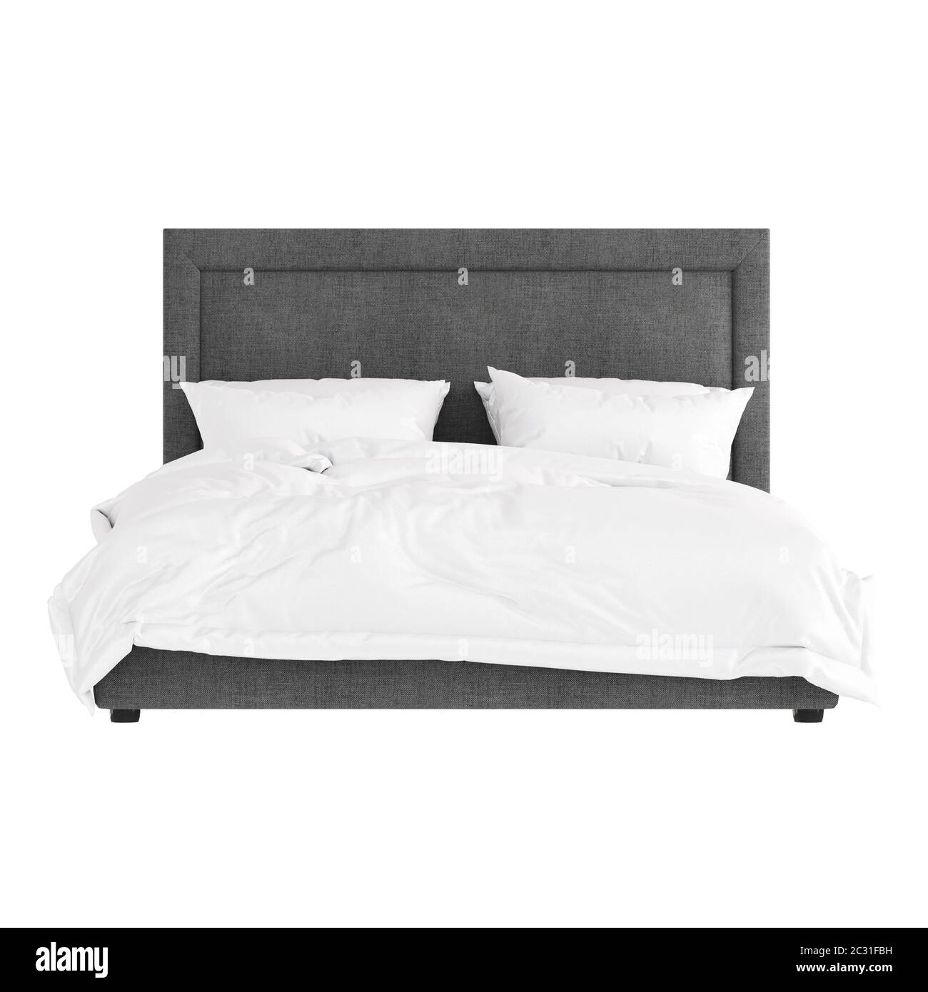Letto matrimoniale grigio con tappezzeria in tessuto e biancheria da letto bianca su sfondo bianco. Vista frontale. rendering 3d. Foto Stock