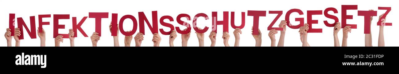 Persone mani in mano rossa tedesco Infektionsschutzgesetz significa infezione legge. Bianco isolato sfondo Foto Stock
