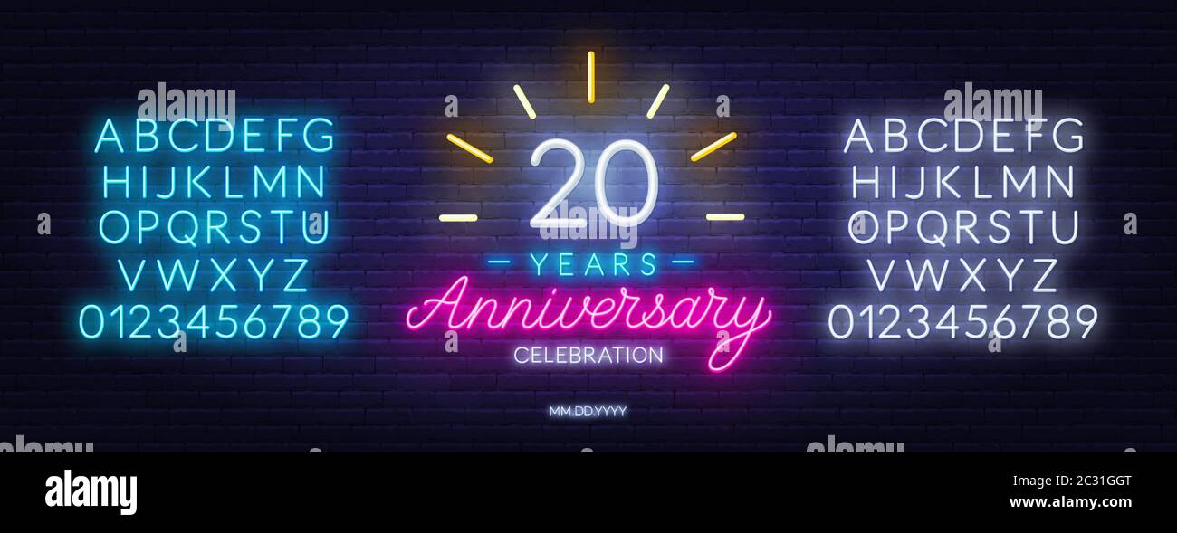 20 ° anniversario celebrazione segno neon su sfondo scuro. Illustrazione Vettoriale