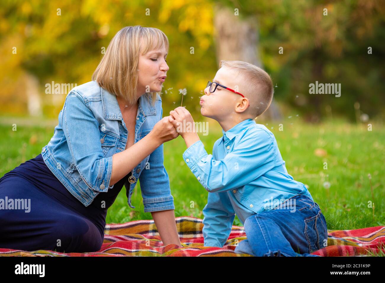 Mamma e ragazzo teen sedersi su glade verde e soffiare via dandelion Foto Stock